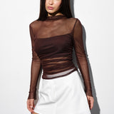 Sheer top with ruching in Chocolate