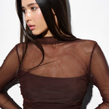 Sheer top with ruching in Chocolate