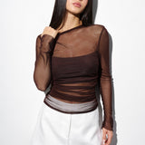 Sheer top with ruching in Chocolate
