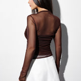 Sheer top with ruching in Chocolate