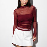 Sheer top with ruching in Burgundy