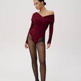 Bodysuit with a wrap front and gathers in Burgundy