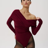 Bodysuit with a wrap front and gathers in Burgundy