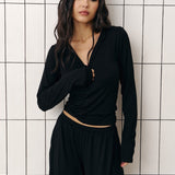 Long sleeve top with zipper and hood in Black