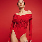 Bodysuit with a wrap front and gathers in Red