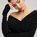 Bodysuit with a wrap front and gathers in Black