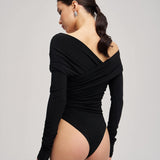 Bodysuit with a wrap front and gathers in Black
