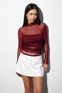 Sheer top with ruching in Burgundy, photo 1