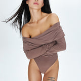 Bodysuit with a wrap front and gathers in Mocha