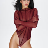 Sheer bodysuit with decorative lines in Burgundy