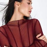 Sheer bodysuit with decorative lines in Burgundy