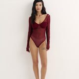 Sheer bodysuit with a neckline in Burgundy