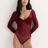 Sheer bodysuit with a neckline in Burgundy
