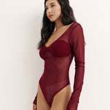 Sheer bodysuit with a neckline in Burgundy