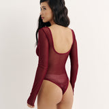 Sheer bodysuit with a neckline in Burgundy