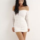 Mini dress with draping and off-shoulder design in Milk