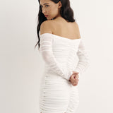 Mini dress with draping and off-shoulder design in Milk