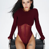Bodysuit with a corset-style cut and sheer inserts in Burgundy