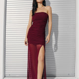 Mesh slit dress in Burgundy