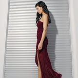 Mesh slit dress in Burgundy