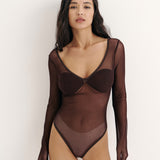 Sheer bodysuit with a neckline in Chocolate
