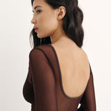 Sheer bodysuit with a neckline in Chocolate