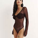 Sheer bodysuit with a neckline in Chocolate