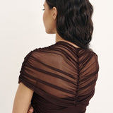 Mesh bandeau bodysuit with shoulder draping in Chocolate