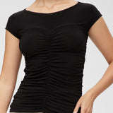 Top with a shaped neckline and gathers in Black