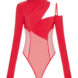 Asymmetric draped bodysuit with mesh in Red