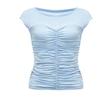Top with a shaped neckline and gathers in Light Blue