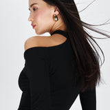 Bodysuit with an asymmetric round neckline in Black