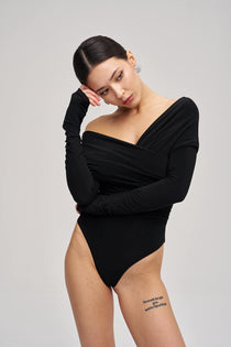 Bodysuit with a wrap front and gathers in Black, photo 1