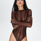 Sheer bodysuit with decorative lines in Chocolate