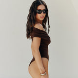 Wrap bodysuit with short sleeves in Chocolate