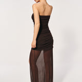 Mesh dress with a slit in Chocolate