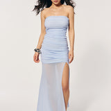 Mesh dress with a slit in Light blue