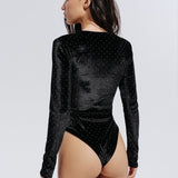 Velvet bodysuit with a mesh V-insert in Black