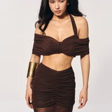 Top with a knot detail and off-the-shoulder sleeves in Chocolate