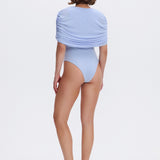 Draped cape with a stand-up collar in Light blue