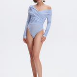 Bodysuit with a wrap front and gathers in Light blue