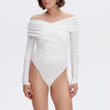 Bodysuit with a wrap front and gathers in Milk