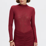 Double-layer mesh bodysuit with a stand-up collar in Burgundy