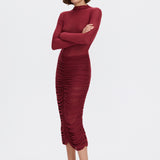 Double-layer mesh bodysuit with a stand-up collar in Burgundy