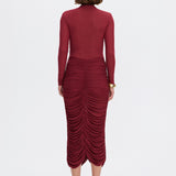 Double-layer mesh bodysuit with a stand-up collar in Burgundy