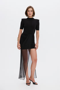 Asymmetrical knit and mesh mini skirt in Black, photo 1