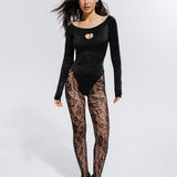 Bodysuit with rhinestones and a round neckline in Black