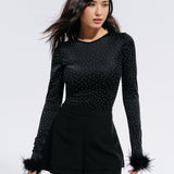 Top with rhinestones and feathers in Black