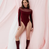 Боді з сітчастим коміром бургунді