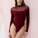 Боді з сітчастим коміром бургунді